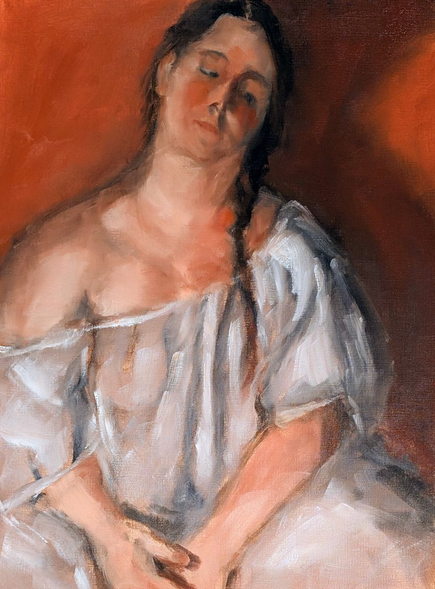 A fleur de peau – jeune femme en chemise blanche, les yeux mi-clos, huile sur papier de Claire Potié