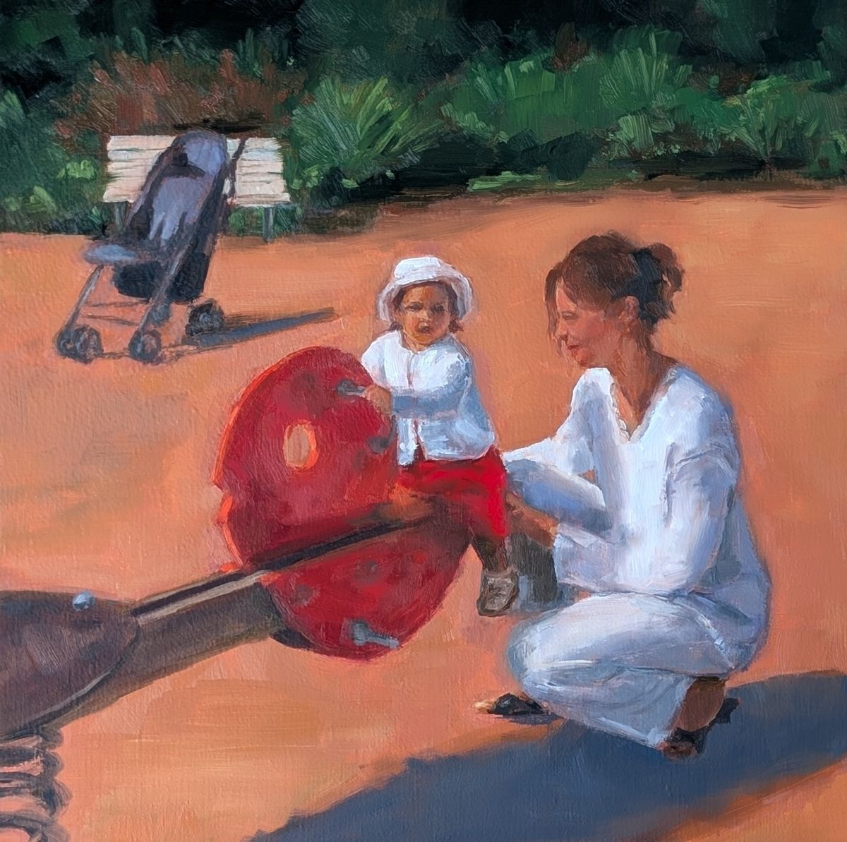 Amélie au parc – mère et petite fille sur un jeu à ressort rouge dans un parc, huile sur toile de Claire Potié