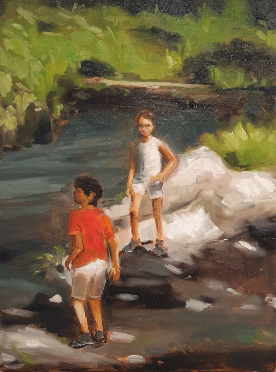 Au bord de la rivière – deux enfants sur les rochers d'une rivière, huile sur toile de Claire Potié