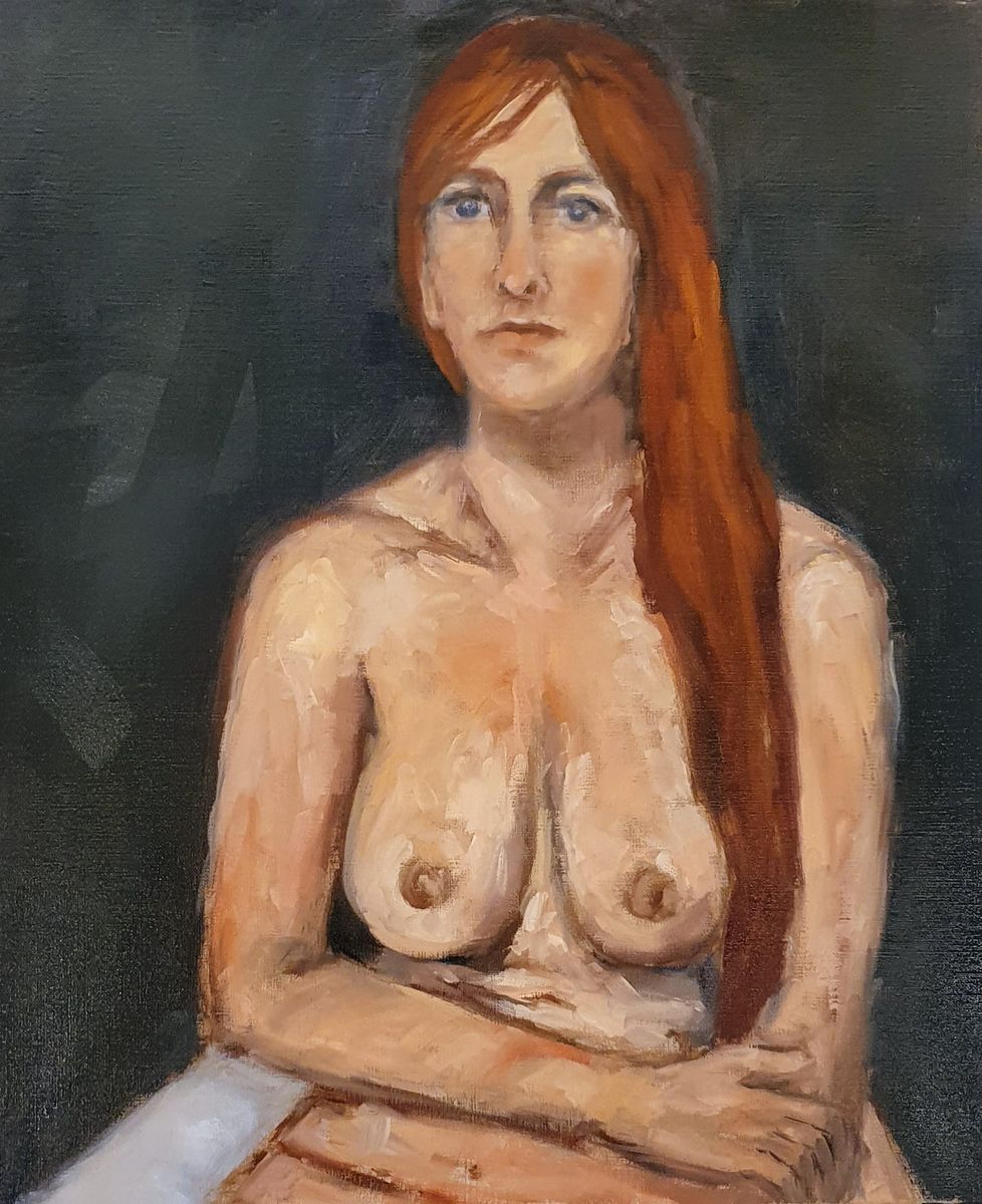 Aurore – nu féminin, femme aux longs cheveux roux, huile sur papier de Claire Potié