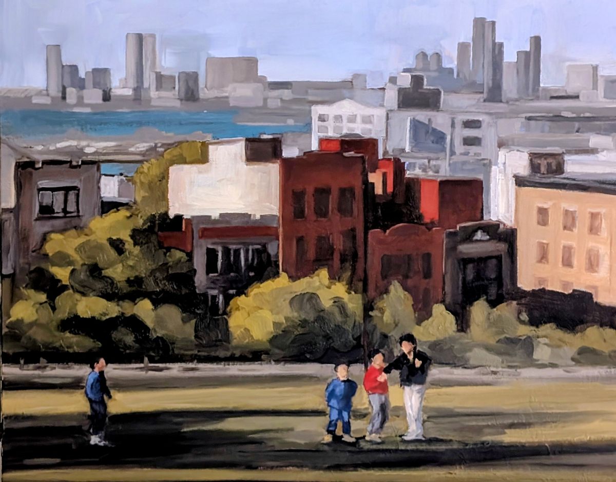 Cerf volant à Brooklyn – enfants jouant au cerf-volant devant les immeubles de Brooklyn, huile sur toile de Claire Potié