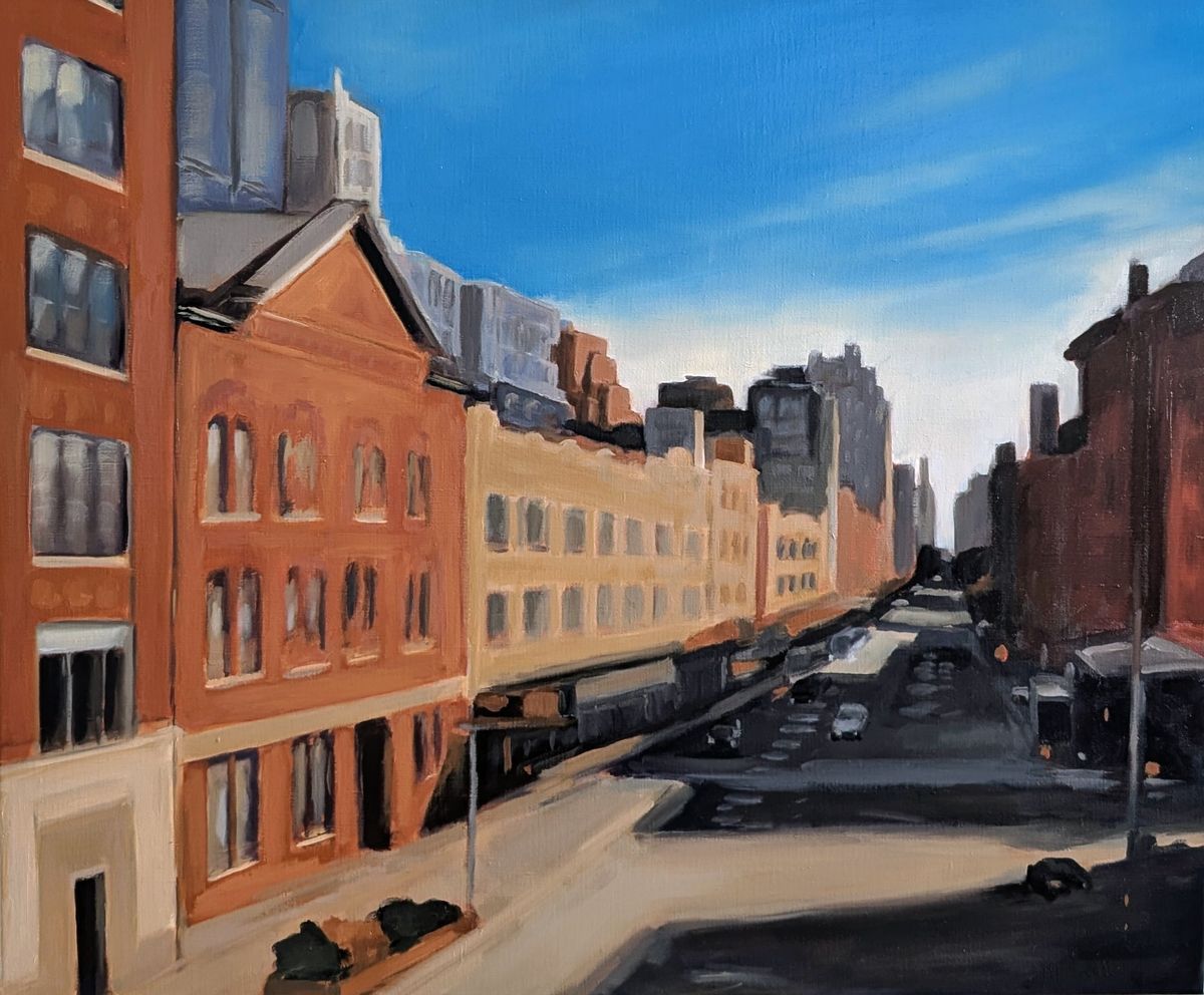 Chelsea depuis la High Line – rue de Chelsea à New York bordée d'immeubles en brique, huile sur toile de Claire Potié
