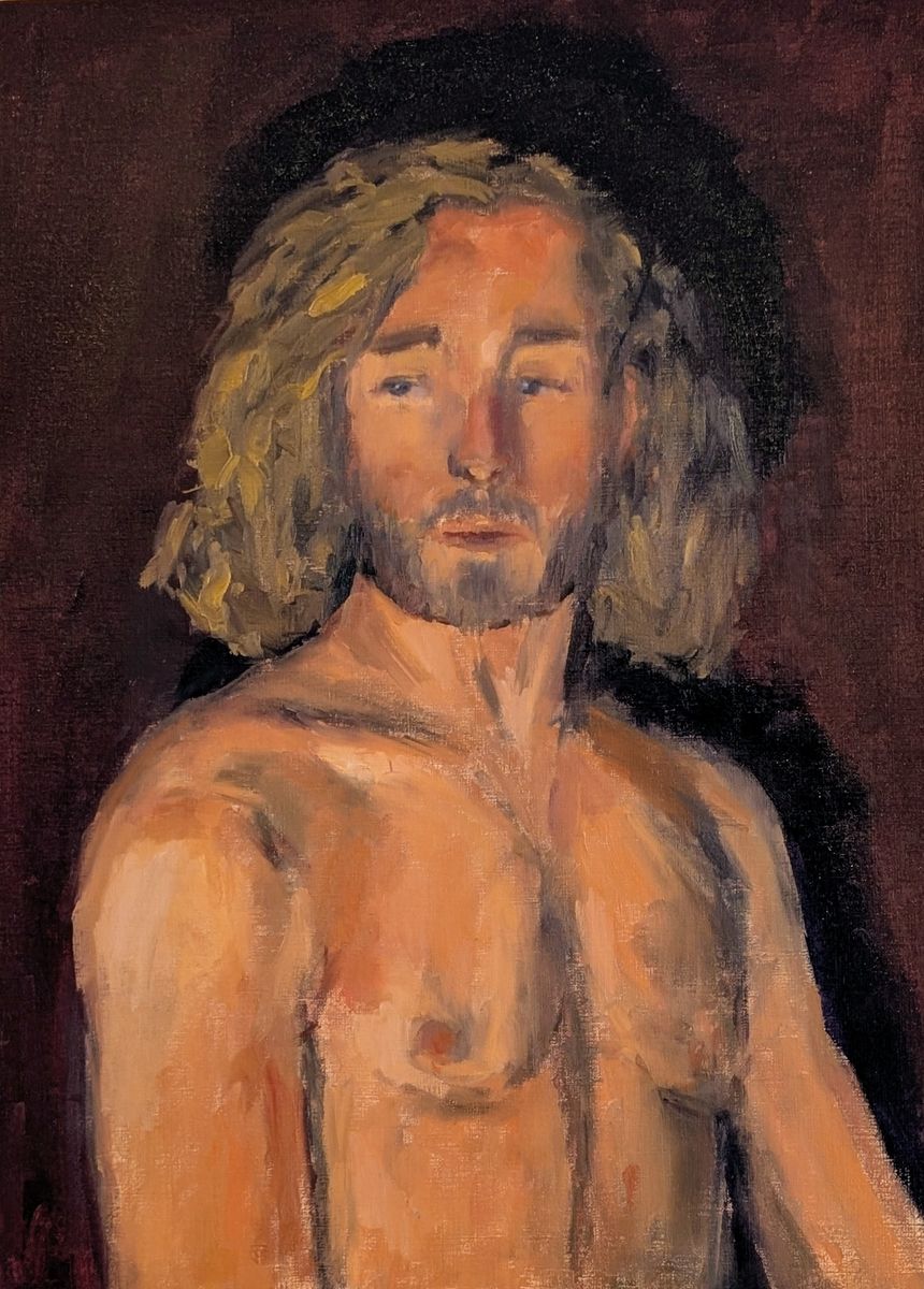 Edouard – homme aux longs cheveux blonds, torse nu, huile sur papier de Claire Potié
