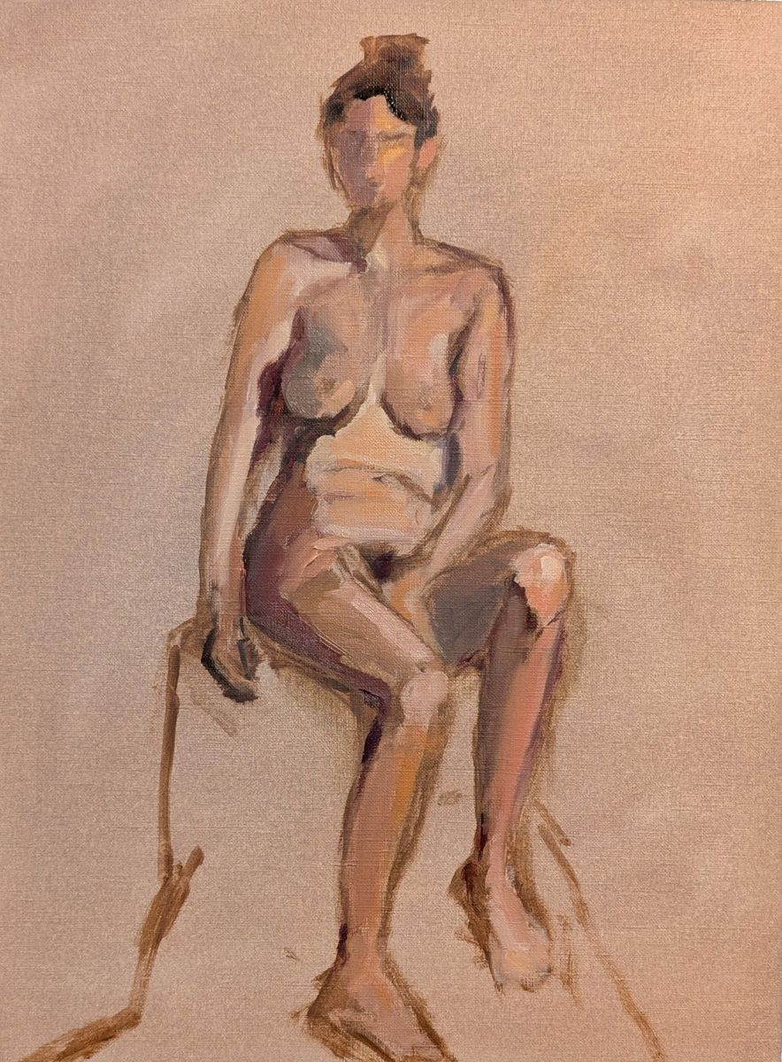 Etude - Fleur assise – étude de nu féminin assis sur un tabouret, huile sur papier de Claire Potié