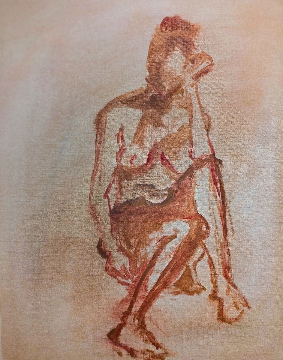 Etude - Fleur pensive – étude de nu féminin assis, pensif, en tons de sanguine, huile sur papier de Claire Potié