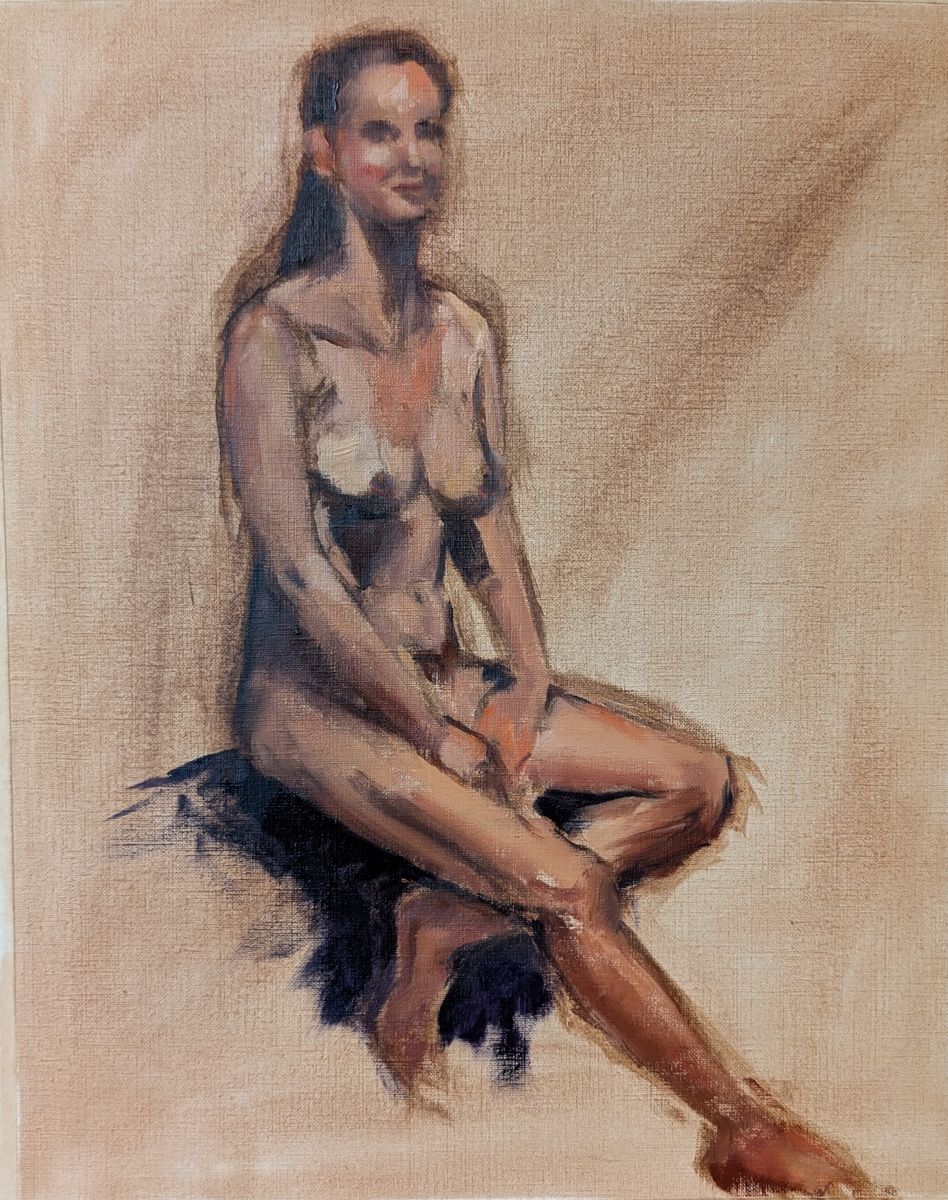 Etude - Marjorie assise – étude de nu féminin assis, huile sur papier de Claire Potié