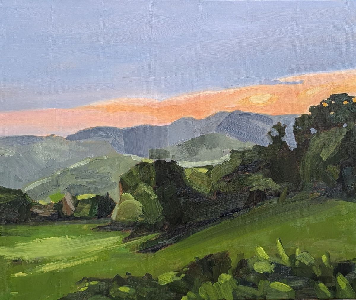 Fin de journée – collines verdoyantes au coucher du soleil, huile sur toile de Claire Potié