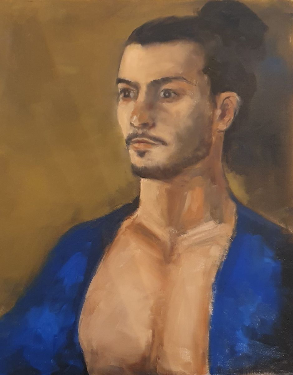 Giuseppe – homme brun en peignoir bleu ouvert, huile sur papier de Claire Potié