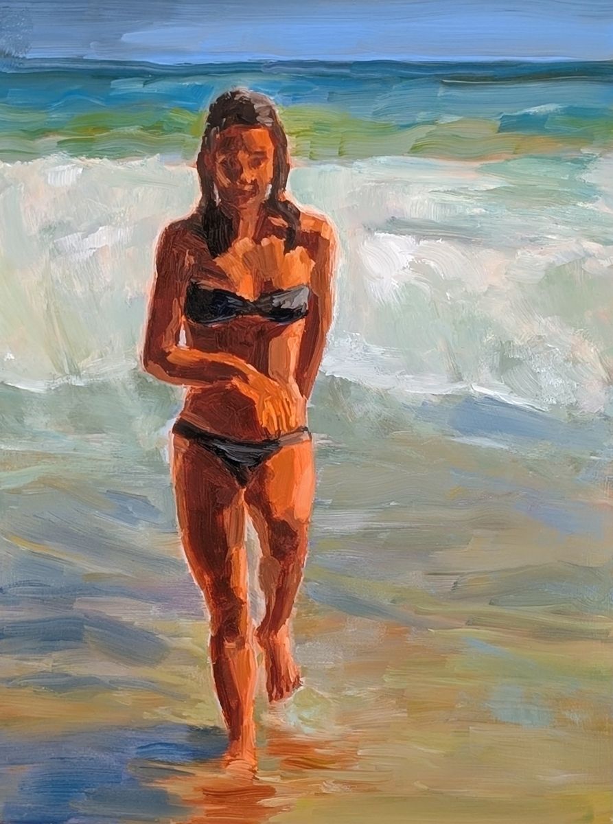 Jeune baigneuse – jeune femme en maillot de bain sortant des vagues, huile sur panneau de bois de Claire Potié