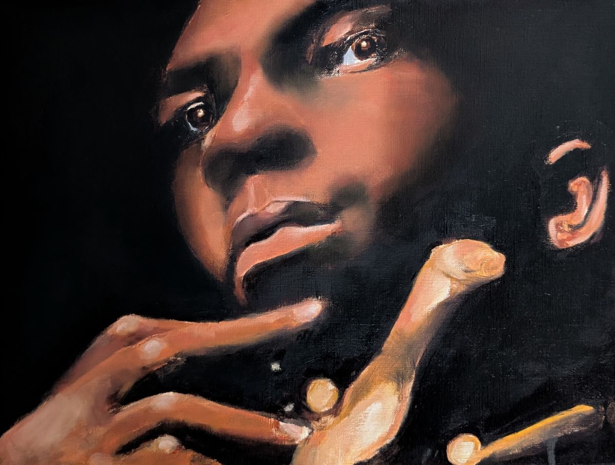 John Coltrane – visage du saxophoniste John Coltrane en clair-obscur, huile sur papier de Claire Potié