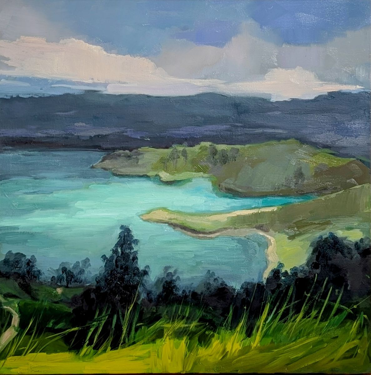 La peinture qui n'est plus – lac turquoise et presqu'île vus depuis une colline, huile sur toile de Claire Potié