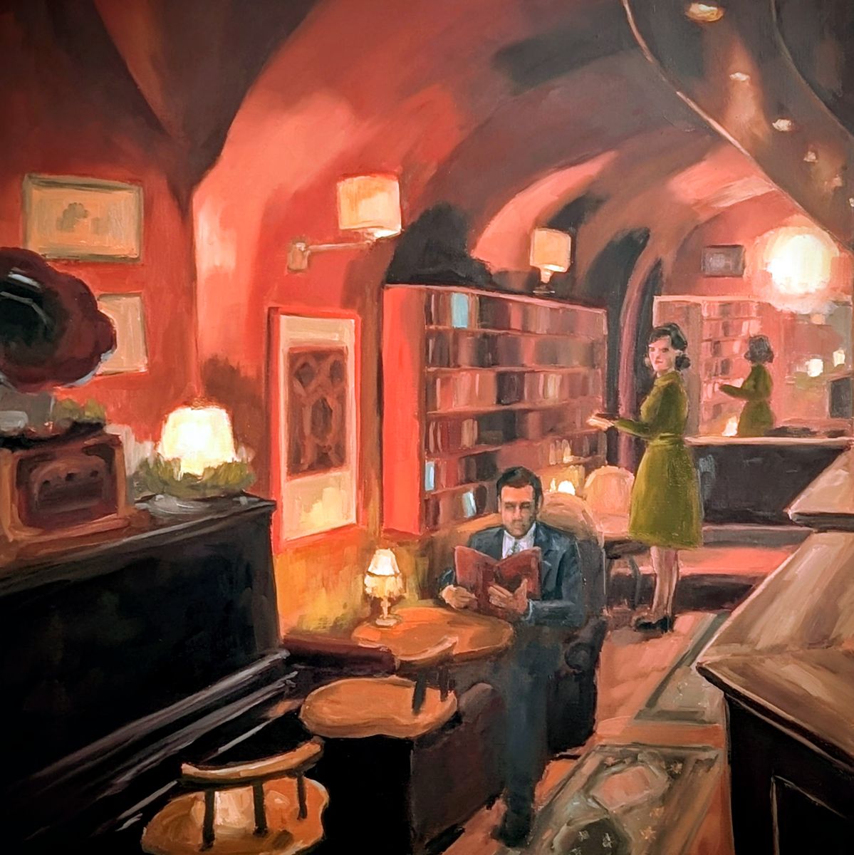Le bar rouge – homme lisant dans un bar aux murs rouges à l'éclairage tamisé, oil on canvas de Claire Potié