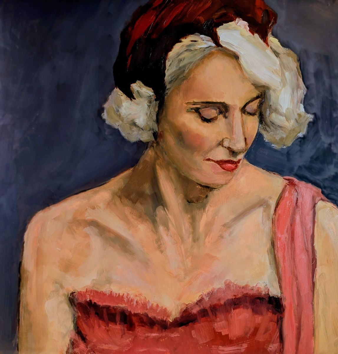 Le grand jeu – femme coiffée de rouge en bustier rouge, le regard baissé, huile sur panneau de bois de Claire Potié