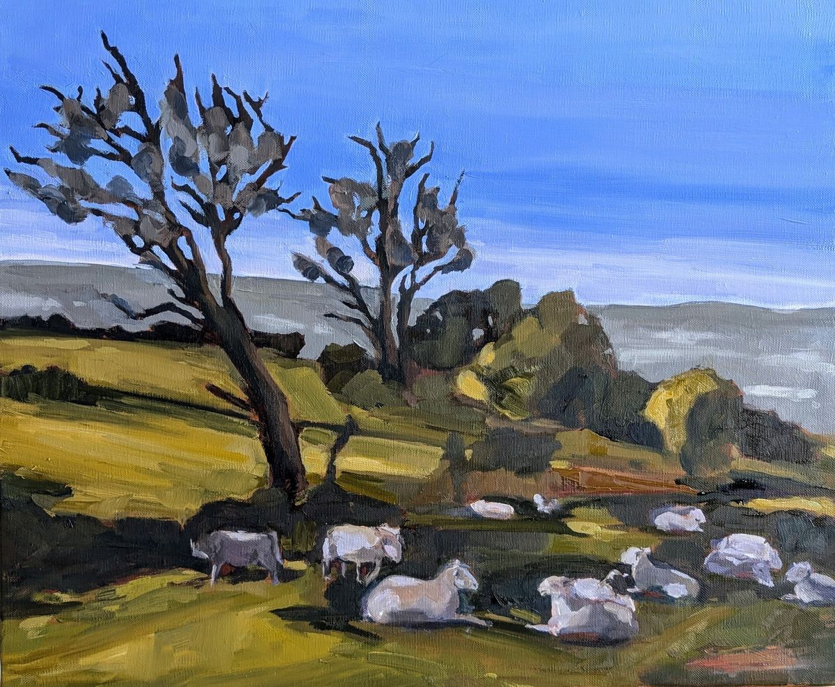 Les moutons d’Andrew – moutons au repos sous deux arbres dans une prairie, huile sur toile de Claire Potié