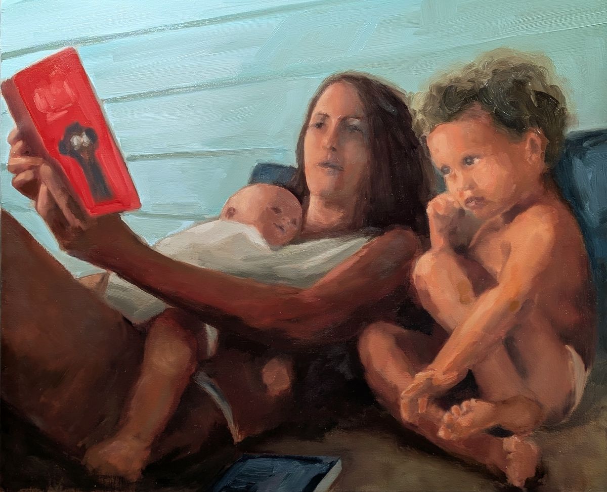 Mary et ses filles – mère lisant un livre à ses deux jeunes enfants, huile sur toile de Claire Potié