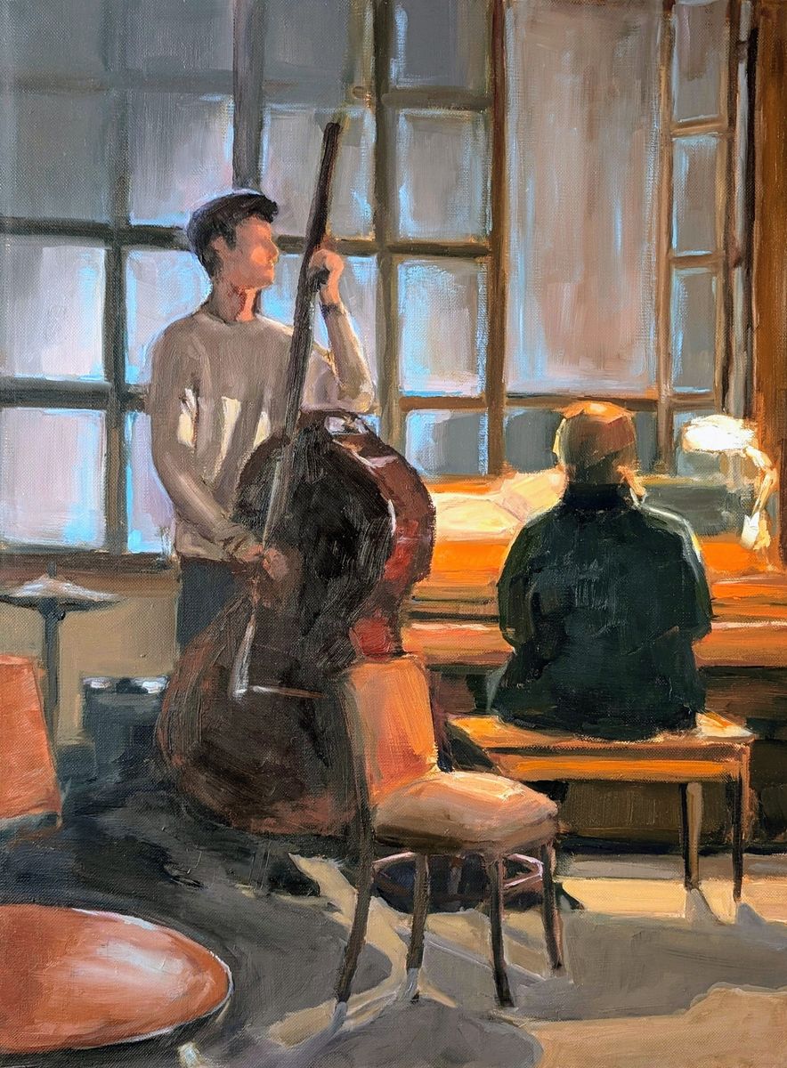 Musiciens à Harlem – contrebassiste et pianiste devant une grande verrière, huile sur toile de Claire Potié