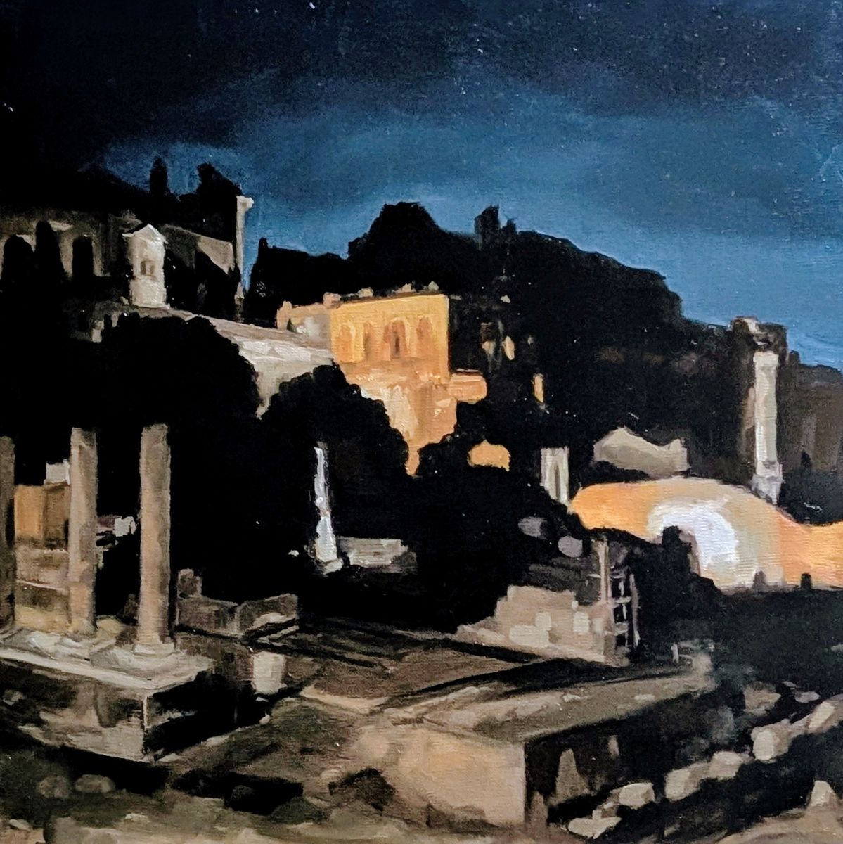 Nuit Romaine – ruines antiques de Rome sous un ciel nocturne, huile sur toile de Claire Potié
