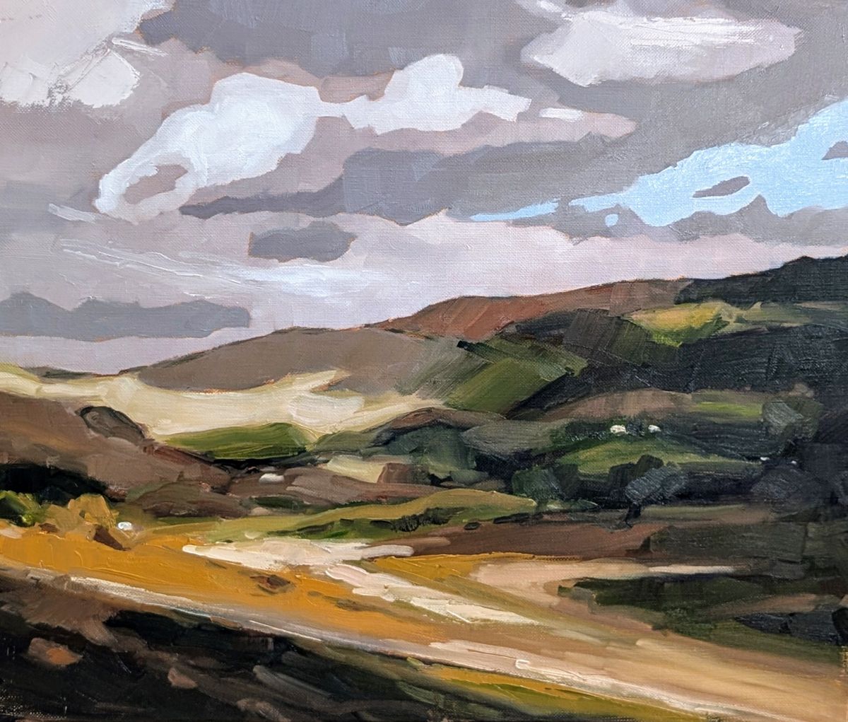 Paysage d’Irlande – collines d'Irlande sous un ciel nuageux, huile sur toile de Claire Potié