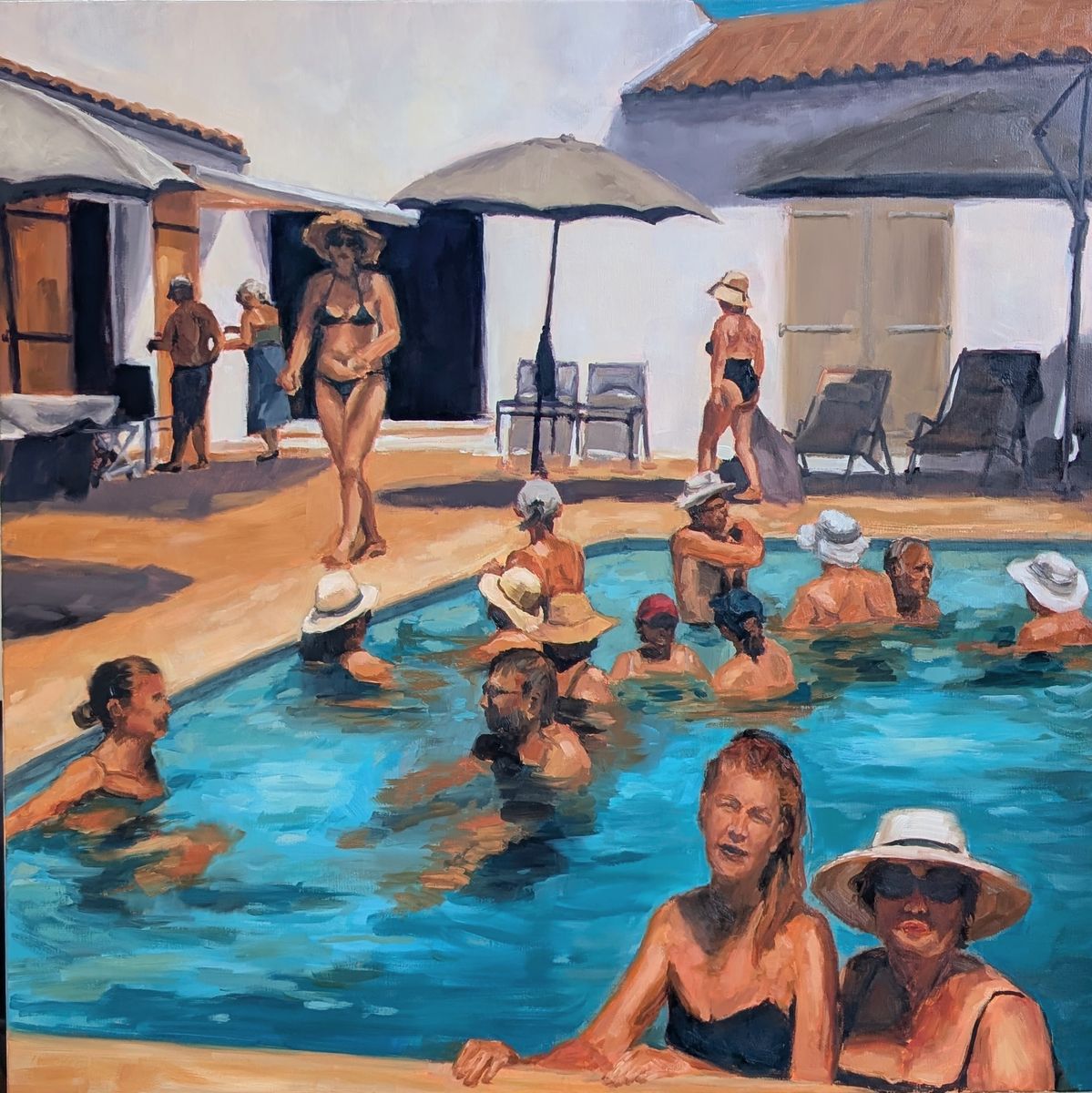 Pool Party – baigneurs et chapeaux de paille autour d'une piscine ensoleillée, huile sur toile de Claire Potié