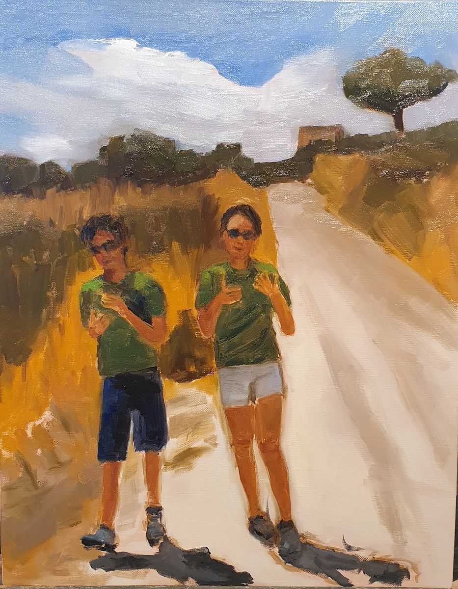 Randonner et chahuter – deux randonneurs sur un chemin de campagne en été, huile sur toile de Claire Potié