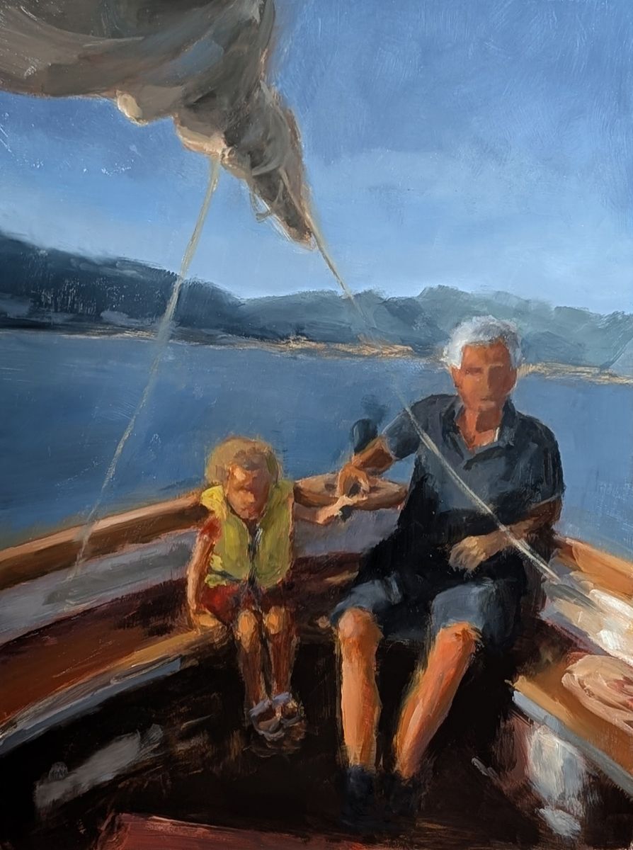 Santiano – homme âgé et enfant en gilet de sauvetage à bord d'un voilier, huile sur panneau de bois de Claire Potié