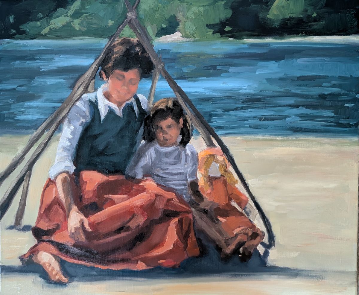 Tout sur ma mère – femme et petite fille abritées sous un tipi au bord de l'eau, huile sur toile de Claire Potié